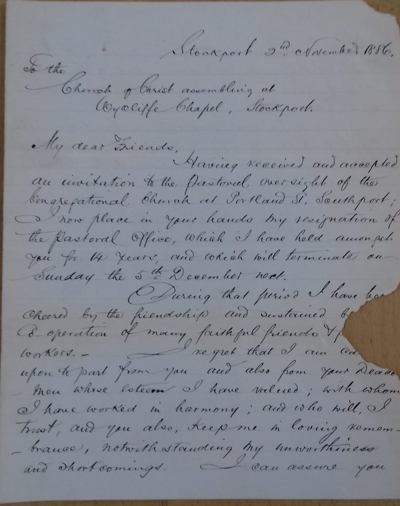 Handwritten resignation letter from Rev Blake in 1886
