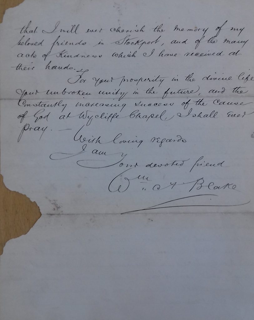 Second page of the handwritten resignation letter from Rev Blake in 1886