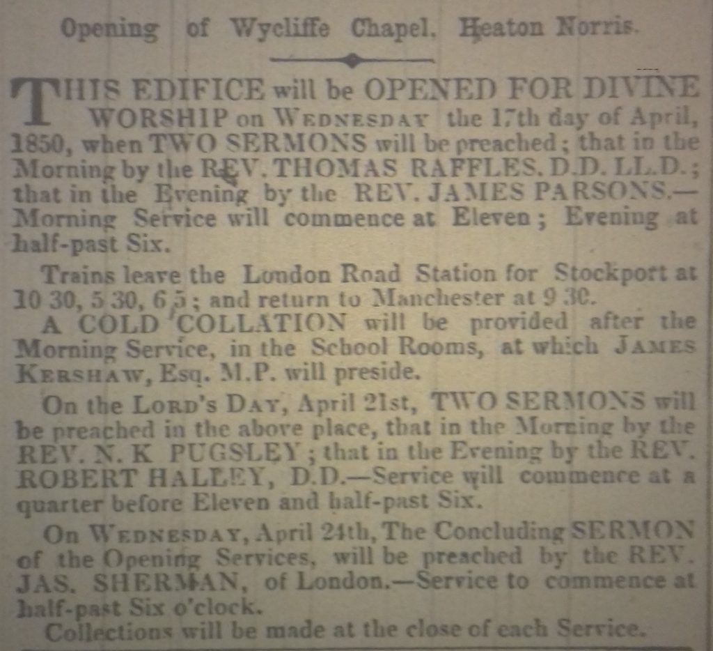 Newspaper advert for the opening of Wycliffe Congregational Chapel in 1850