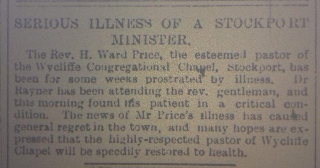 Newspapers clipping headed "Serious Illness of a Stockport Minister"