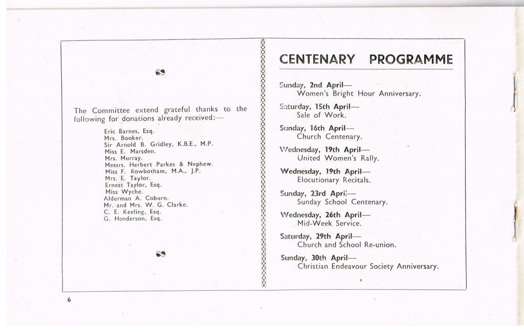 Centenary Programme of events throoughout April including Sale of Work, United Women's Rally, Elocutionary Recitals and School Reunion