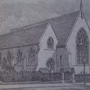 Black and white etching of the church viewed from Wellington Road North