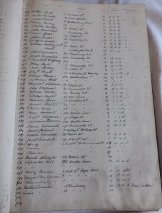 Handwritten list of names, addresses, date of admission and class numbers